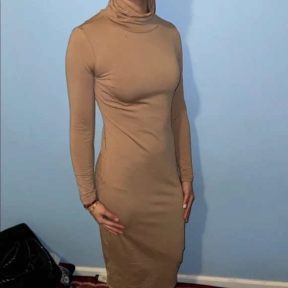 Dresses | Elegant Tan Turtleneck Dress | Poshmark